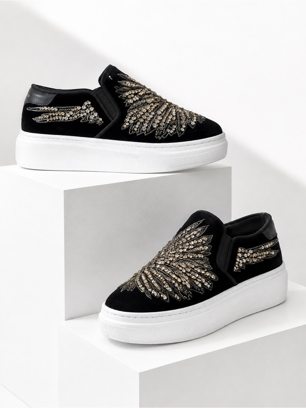 Alexander McQueen - Black Velvet Crystal Embellished Wing Slip-On Sneakers
